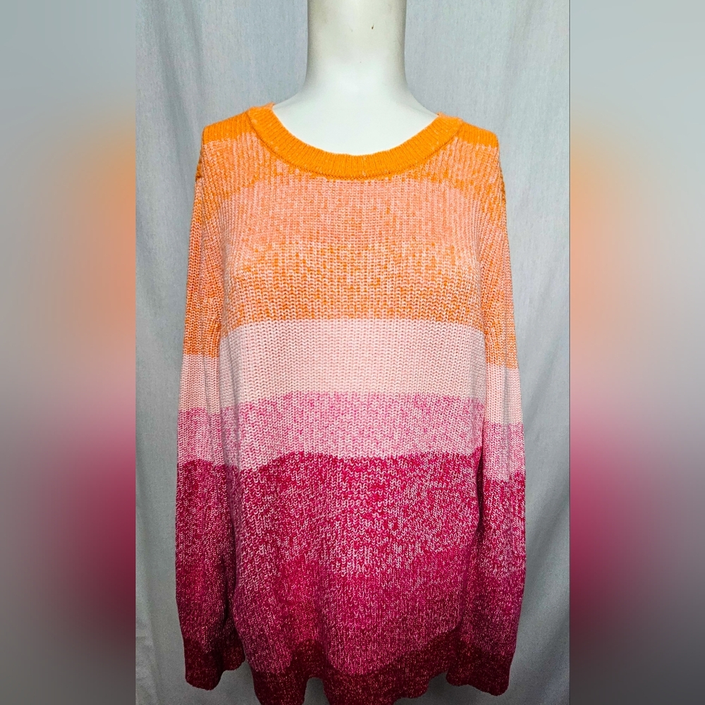 Talbots Pima Cotton Ombré Stripe Sweater Orange Pink Bright Knit Top Size L NWOT - Picture 2 of 6